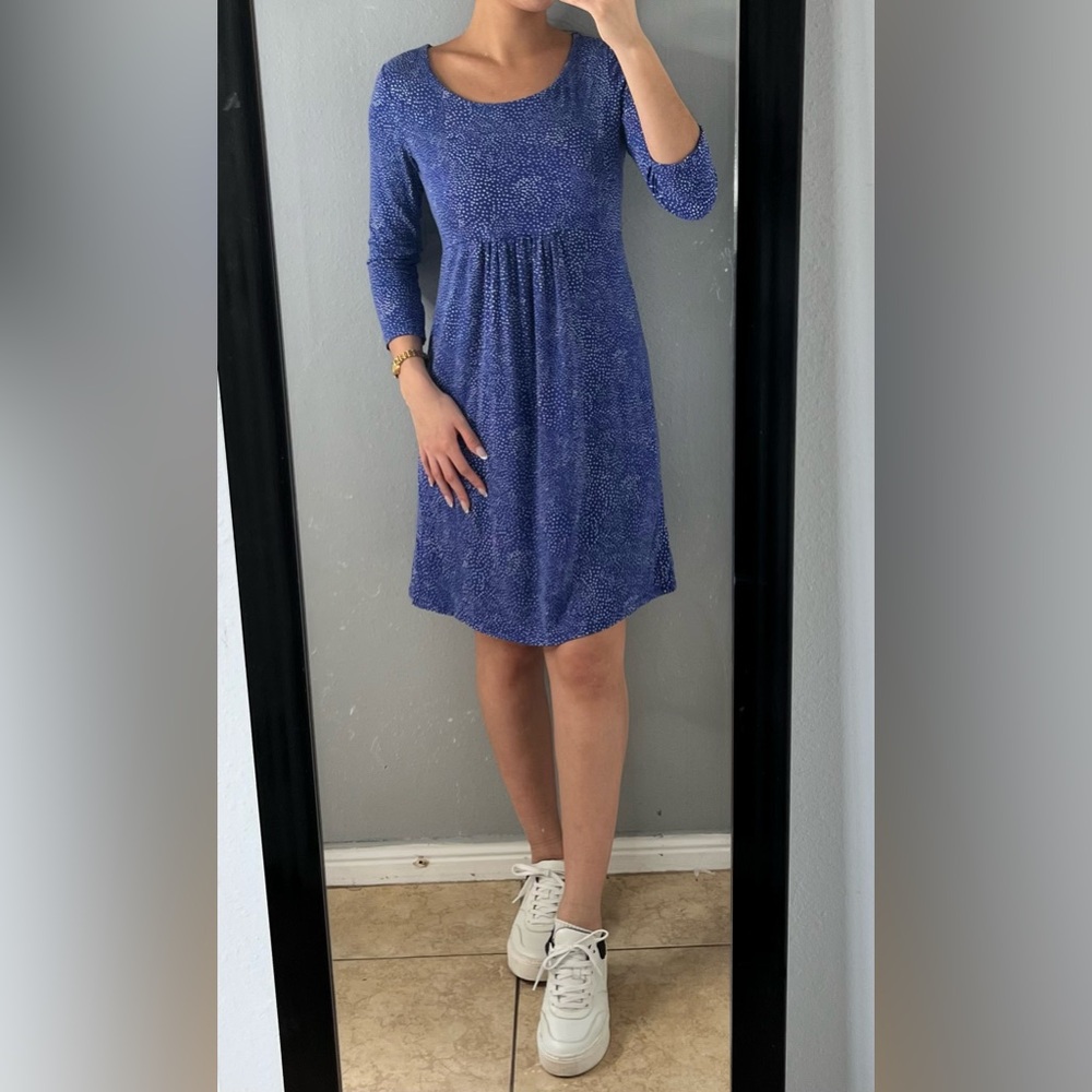 Boden Blue White dot 3/4 Sleeve scoop neck Stretch Dress 8L teacher work casual